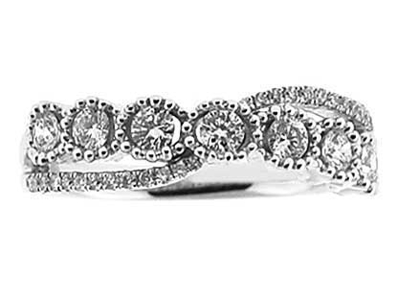 Split Shank Right Hand Fashion Ring with Bezel Set Diamonds Surrounded by Beaded Milgrain in 18K White Gold