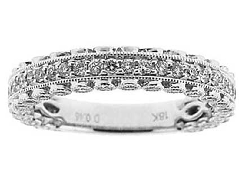 Milgrain-Engraved Three-Side Antique Style Band with Bezel and Pavé Set Diamonds in 18k White Gold