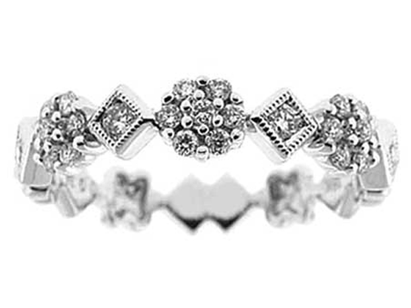 Milgrain Decorated Eternity Band with Round Diamonds in Clusters and Squares of 18k White Gold