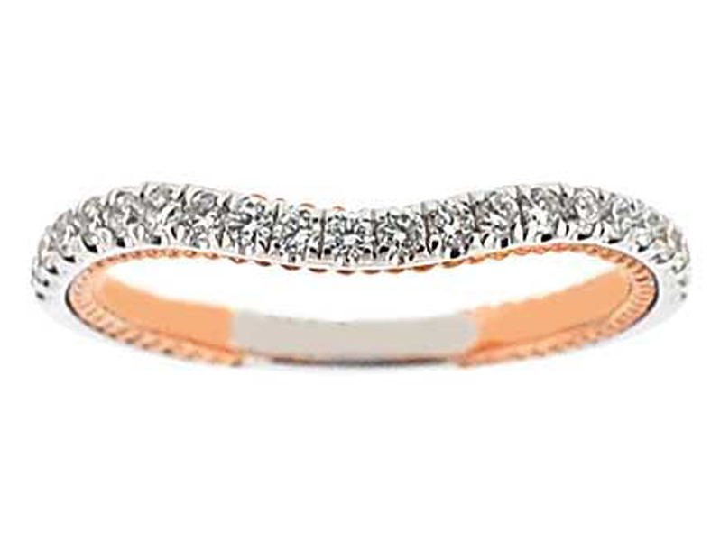 Two Tone V Curve Band with Micro-Prong Set Round Diamonds in 18k White and Rose Gold