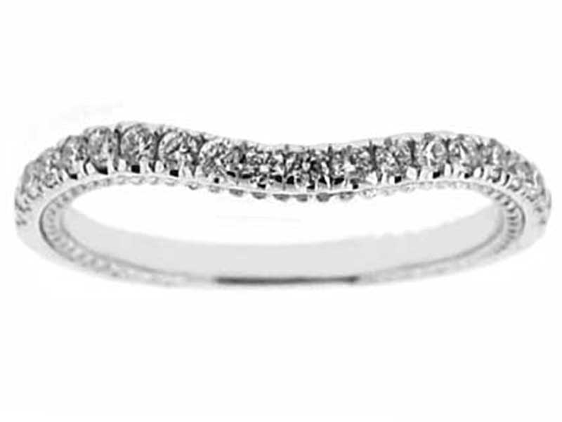 Curved Band with Engraved Side Profile and Micro-Prong Set Round Diamonds in 18k White Gold