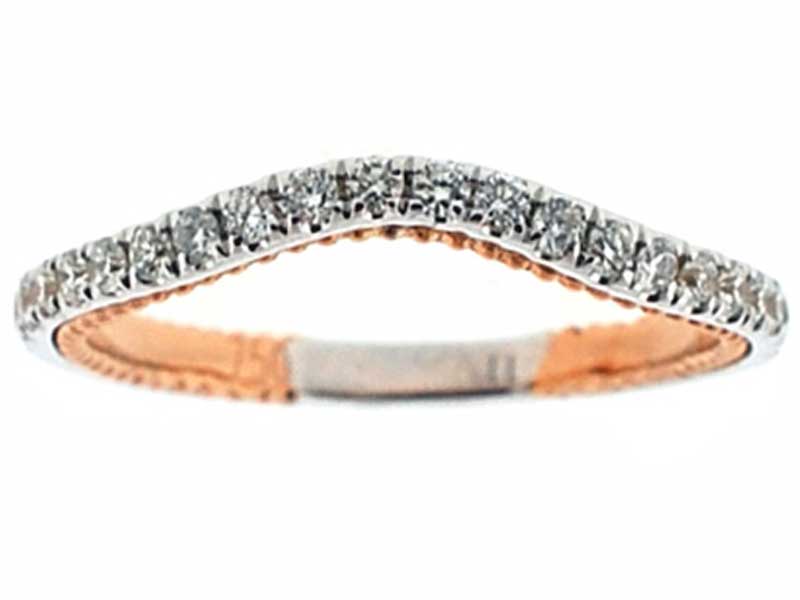 Two Tone V Curve Band with Round Diamonds Set in 18k White Gold and Beaded Milgrain in 18k Rose Gold