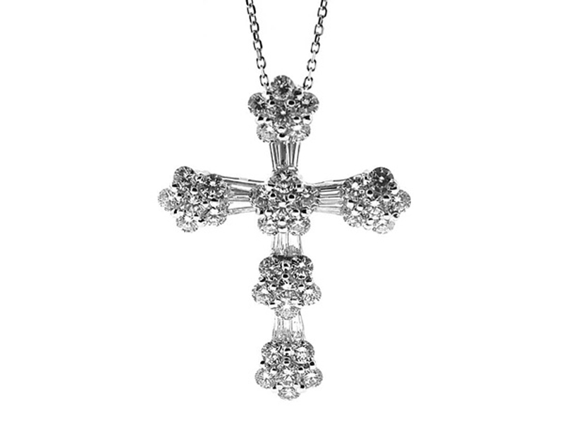 Cross Pendant with Clusters of Diamonds Connected by Baguette Diamonds in 18k White Gold
