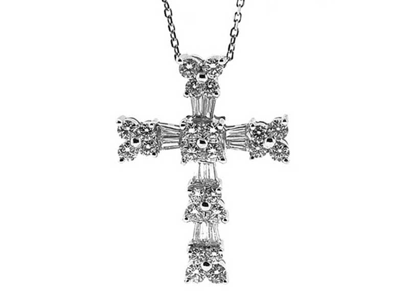 Cross Pendants with Round Diamonds Connected by Baguette Diamonds Set in 18k White Gold