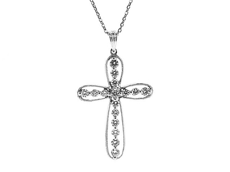 Cross Pendant with Diamonds Bordered by Beaded Milgrain in 18k White Gold