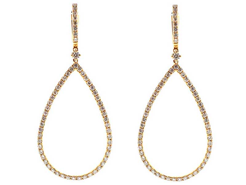 Drop Dangling Hoop Earrings with Round Diamonds Set in 18k Yellow Gold