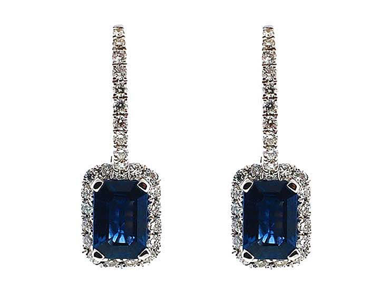 Dangling Sapphire Earrings with Diamond Halo in 18K White Gold