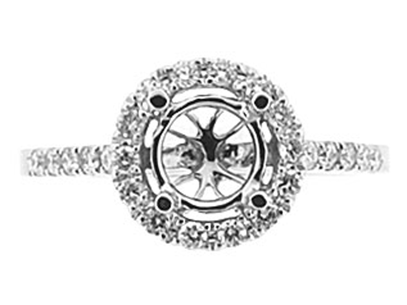 Semi-Mount Round Halo Engagement Ring with Prong Set Diamonds in 18k White Gold