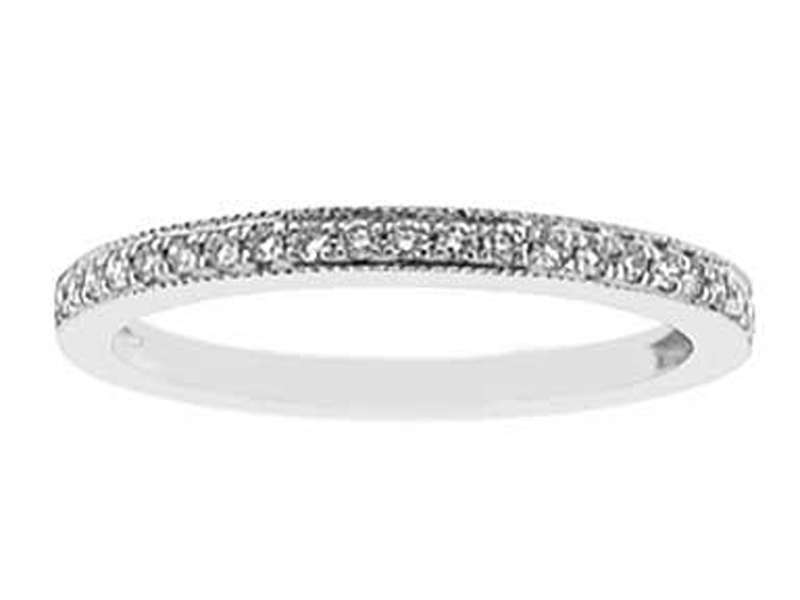 Single Row Band with Round Diamonds Bordered by Beaded Milgrain in 18k White Gold