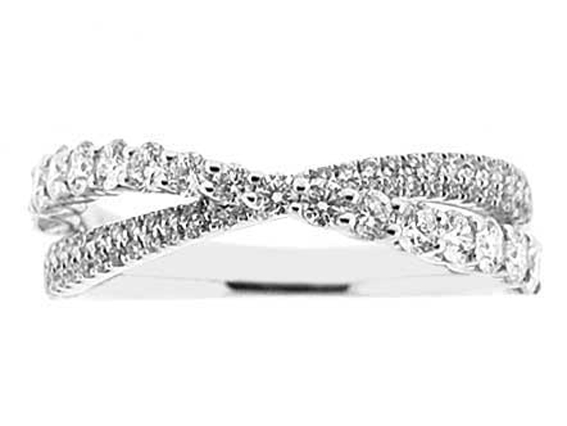 Split Shank Crossover Ring with Overlapping Larger and Smaller Diamonds Set in 18K White Gold