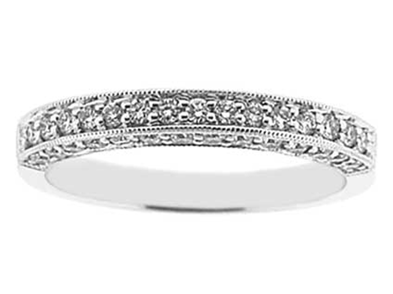 Three Side Band with Micro-Pavé Set Round Diamonds Bordered by Beaded Milgrain in 18k White Gold