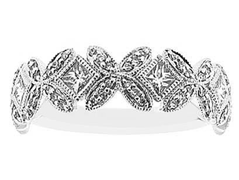 Beaded Milgrain Engraved Band with Round and Princess Cut Diamonds Set in 18k White Gold