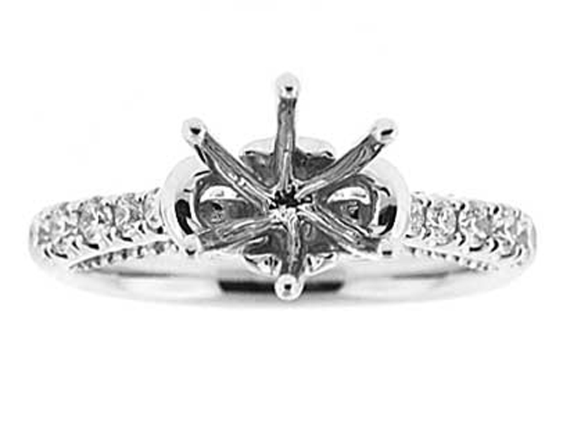 6 Prong Semi-Mount Engagement Ring with Milgrain and Round Diamonds Set in 18k White Gold
