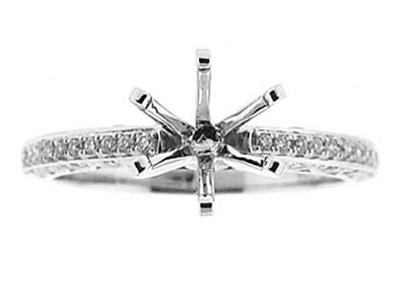 6 Prong Semi-Mount Engagement Ring with Triangular Design Side Profile and Round Diamonds Set in 18k White Gold