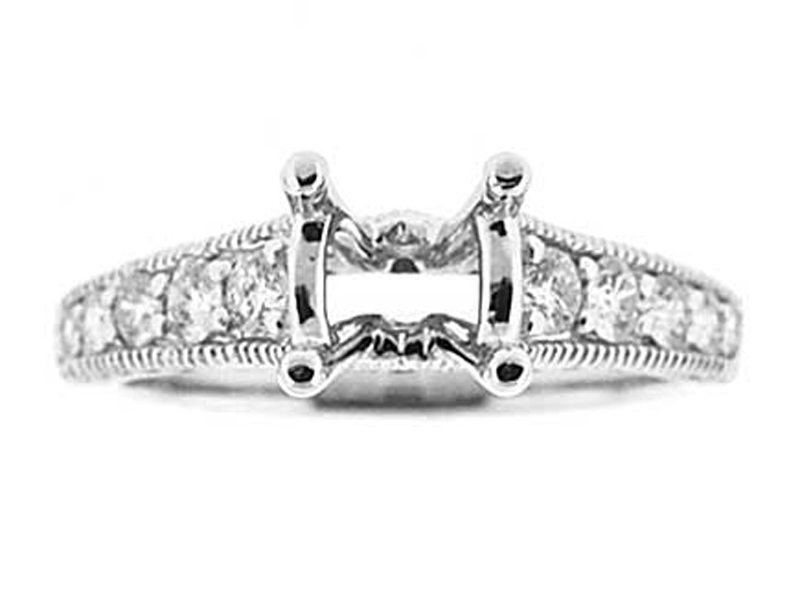Semi-Mount Milgrain Engraved Engagement Ring with Pavé Set Diamonds in 18k White Gold