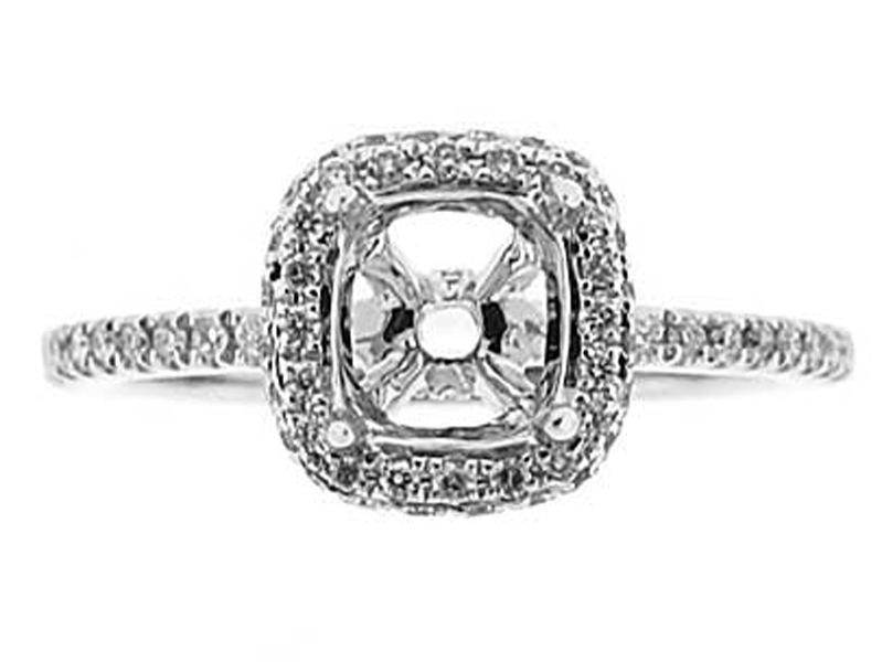 Semi-Mount Square Halo Engagement Ring with Prong and Pavé Set Diamonds in 18k White Gold