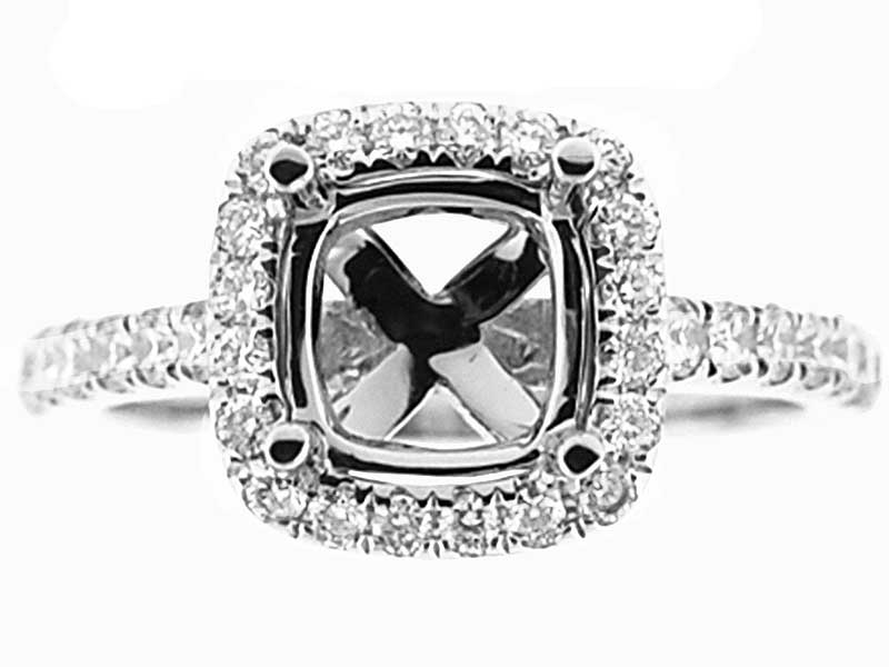 Semi-Mount Square Halo Engagement Ring with Diamonds Set in 18k White Gold