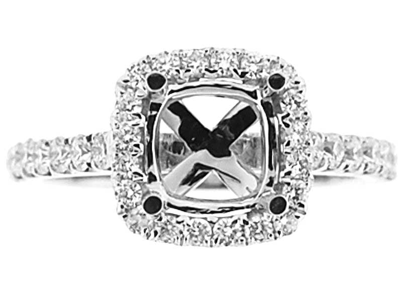 Semi-Mount Square Halo Engagement Ring with Diamonds Set in 18k White Gold
