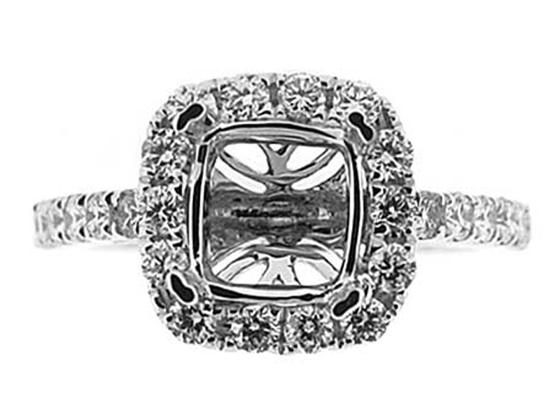 Semi-Mount Square Halo Engagement Ring with Diamonds Set in 18k White Gold