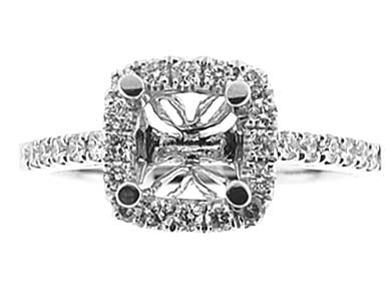 Semi-Mount Square Halo Engagement Ring with Diamonds Set in 18k White Gold