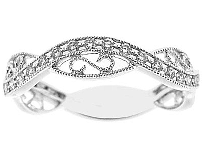 Vintage Inspired Milgrain Filigree Band with Round Diamonds Set in 18k White Gold