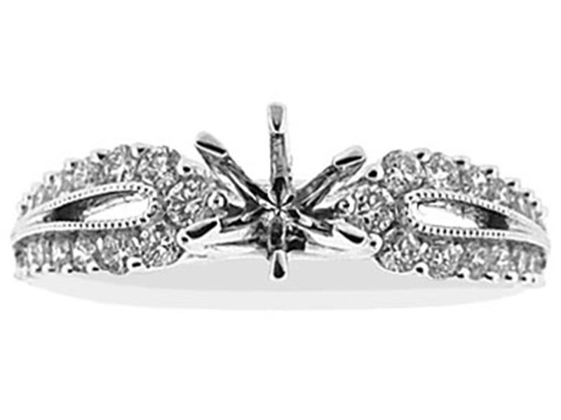 6 Prong Semi-Mount Rounded Split Shank Engagement Ring with Beaded Milgrain and Round Diamonds Set in 18k White Gold