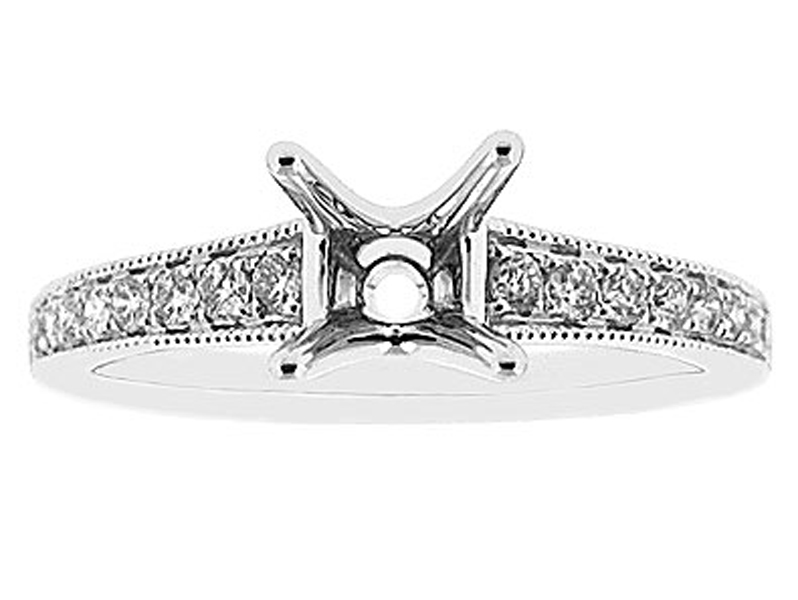 4 Prong Engagement Ring with Micro-Pavé Set Diamonds Bordered by Beaded Milgrain in 18k White Gold