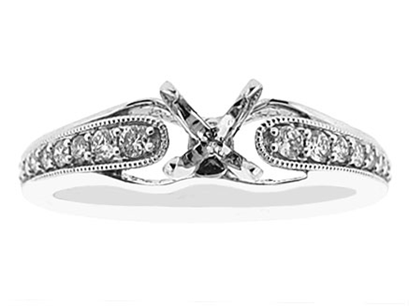 Semi-Mount Engagement Ring with Pavé Set Diamonds Bordered by Beaded Milgrain in 18k White Gold