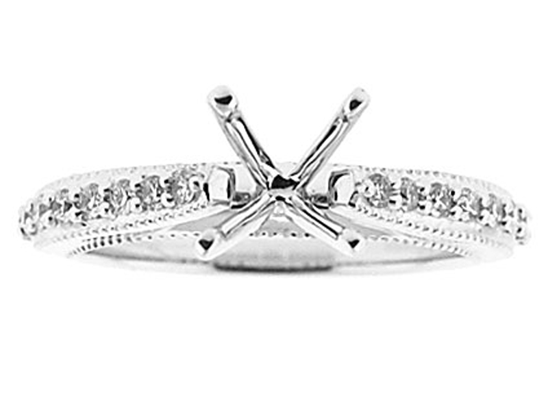 4 Prong Semi-Mount Engagement Ring with Beaded Milgrain and Round Diamonds Set in 18k White Gold