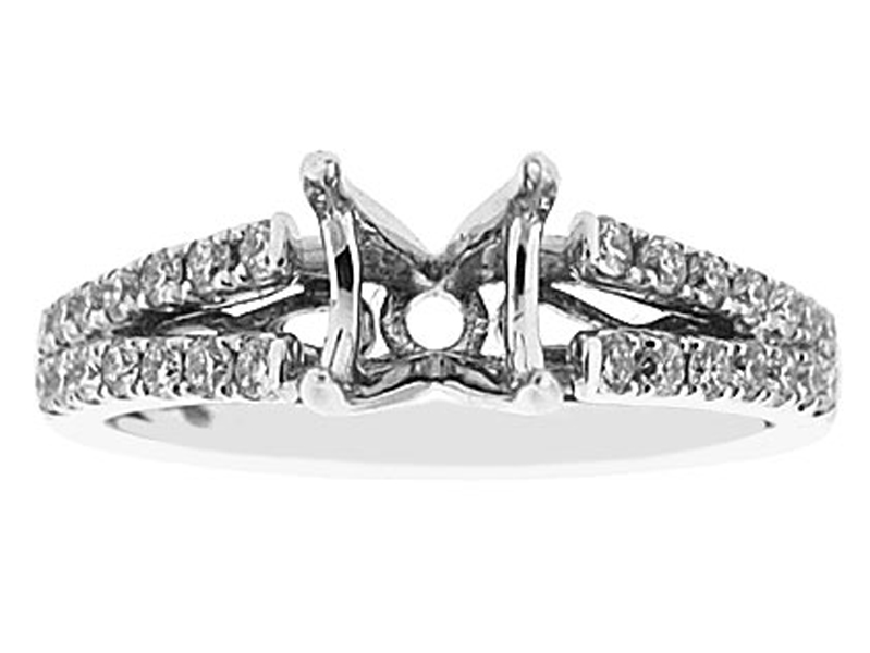 4 Prong Semi-Mount Split Shank Engagement Ring with Round Diamonds Set in 18k White Gold
