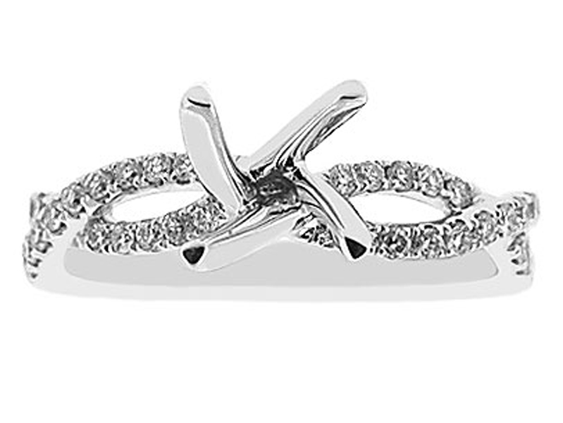 4 Prong Semi-Mount Crossover Twist Shank Engagement Ring with Round Diamonds Set in 18k White Gold