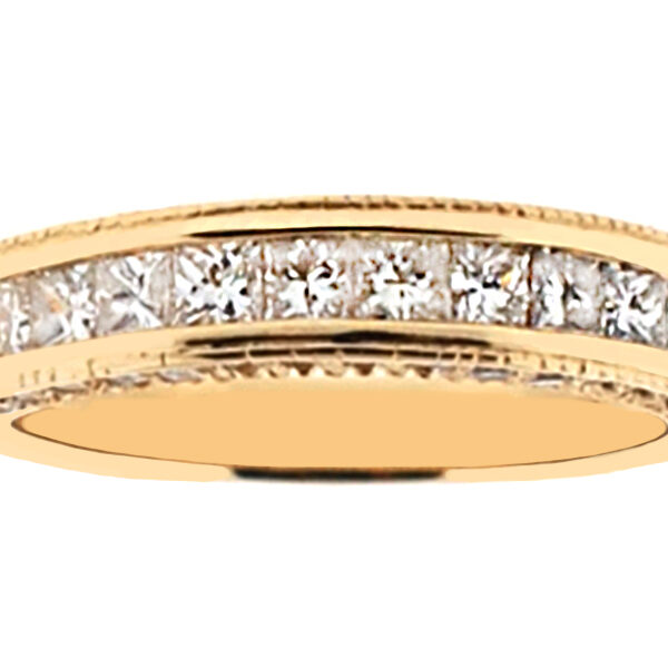 Ladies Triple Side Wedding Band with Princess Cut and Round Diamonds in 18k Yellow Gold