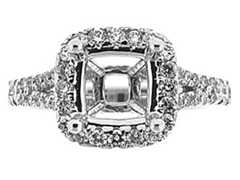 Semi-Mount Split Shank Square Halo Engagement Ring with Diamonds Set in 14k White Gold