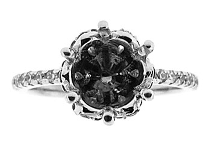 6 Prong Semi Mount Engagement Ring with Micro-Pavé Set Round Diamonds in 18k White Gold