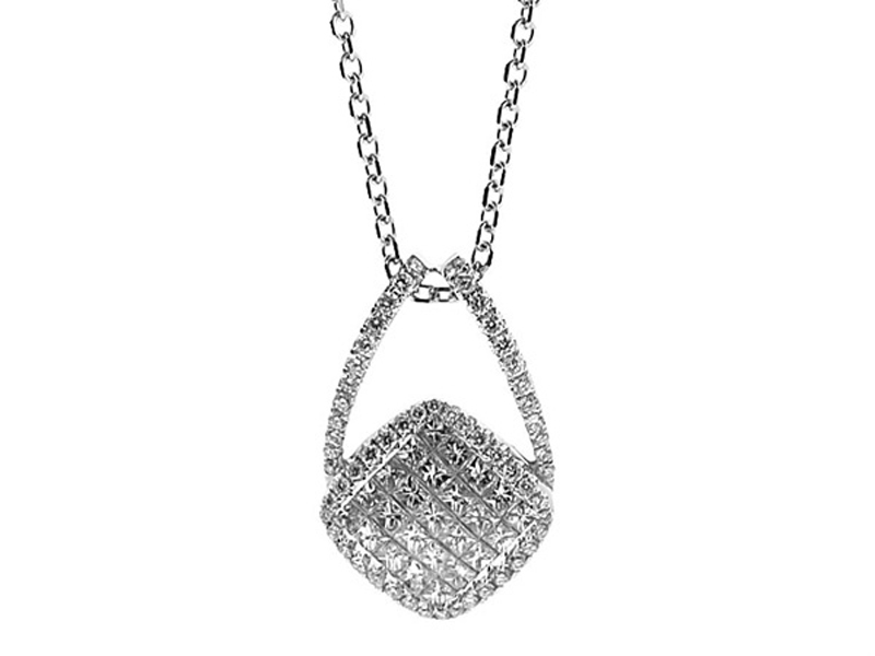 Tilted Diamond Shape Pendant with Invisible Set Princess Cut Diamonds Bordered by Halo of Round Diamonds in 18k White Gold