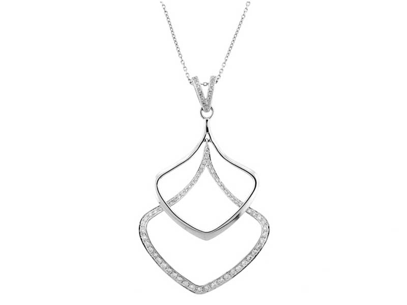 Dangling Double Diamond Shaped Pendant with Diamonds in 14k White Gold