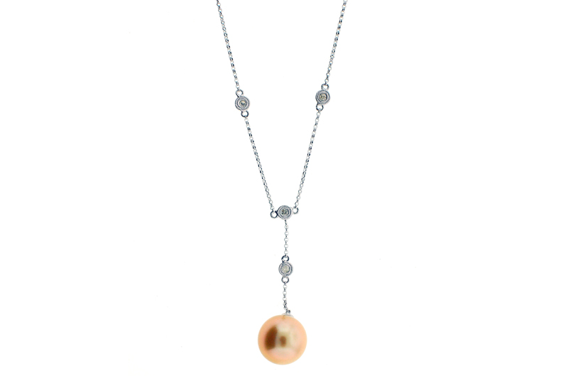 14K White Gold Dangling Golden South Sea Pearl & Diamond Necklace