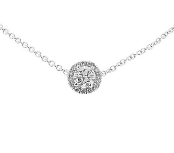 Round Halo Style Solitaire Pendant with Diamonds Set in 18k White Gold