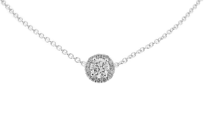 Round Halo Style Solitaire Pendant with Diamonds Set in 18k White Gold