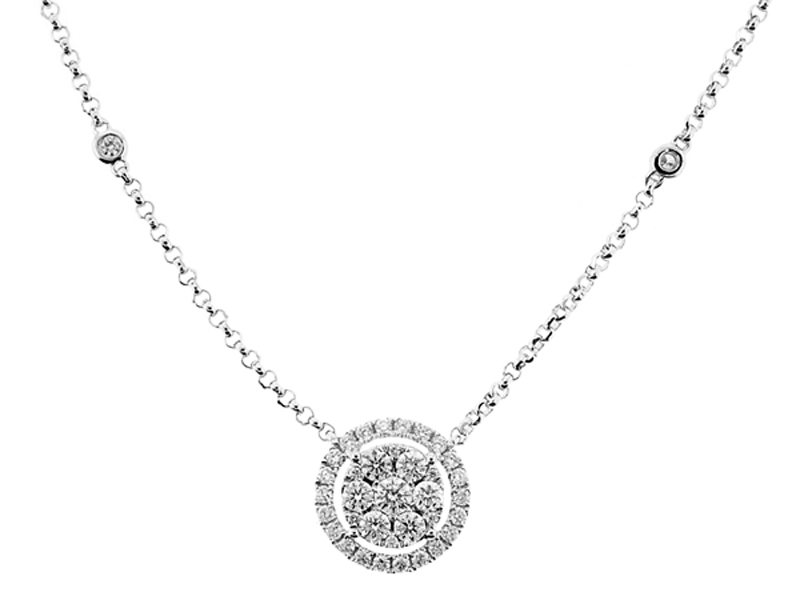 Diamond Halo Style Necklace in 18K White Gold
