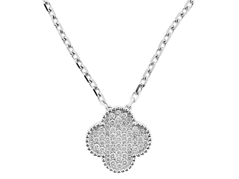 Clover Pendant with Pavé Set Diamonds Bordered by Beaded Milgrain in 18k White Gold