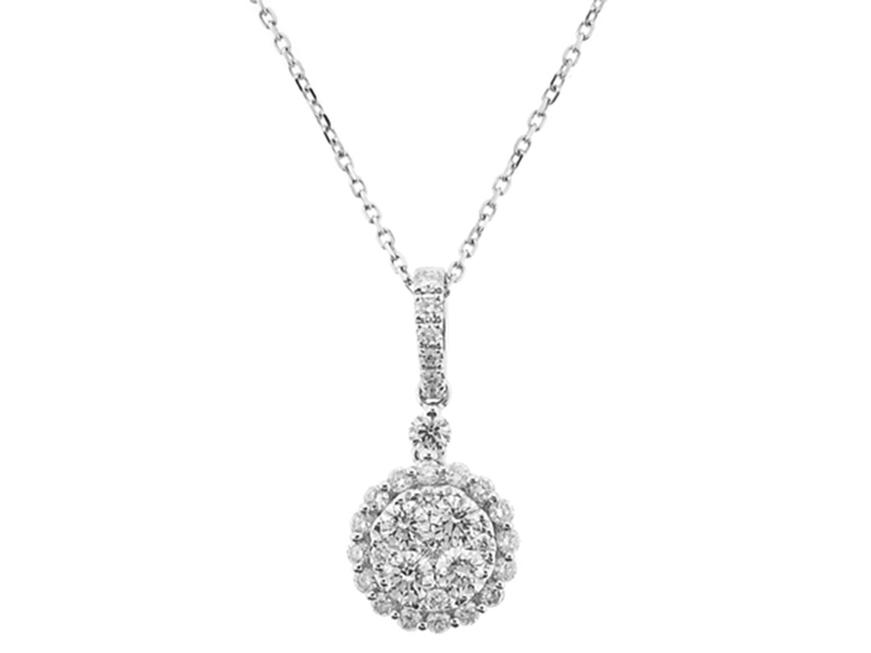 Diamond Pendant with Cluster Bordered by Prong-Separated Diamond Halo in 18k White Gold