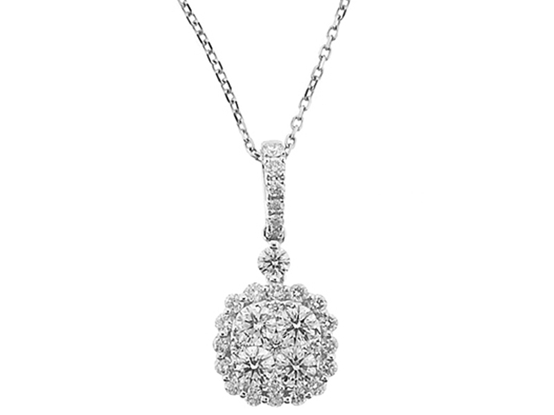 Diamond Pendant with Cluster Bordered by Prong-Separated Diamond Halo in 18k White Gold