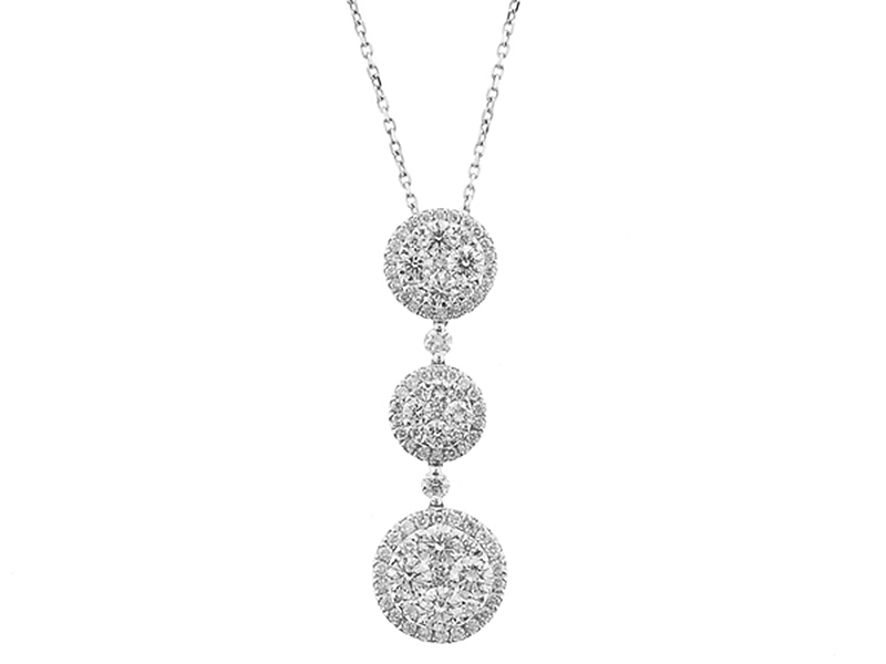 Triple Cluster Dangling Pendant with Round Diamonds Surrounded by Diamond Halos in 18k White Gold