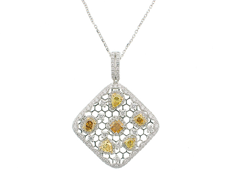 Stylish Diamond Pendant with Fancy Yellow Diamonds in 18K White Gold