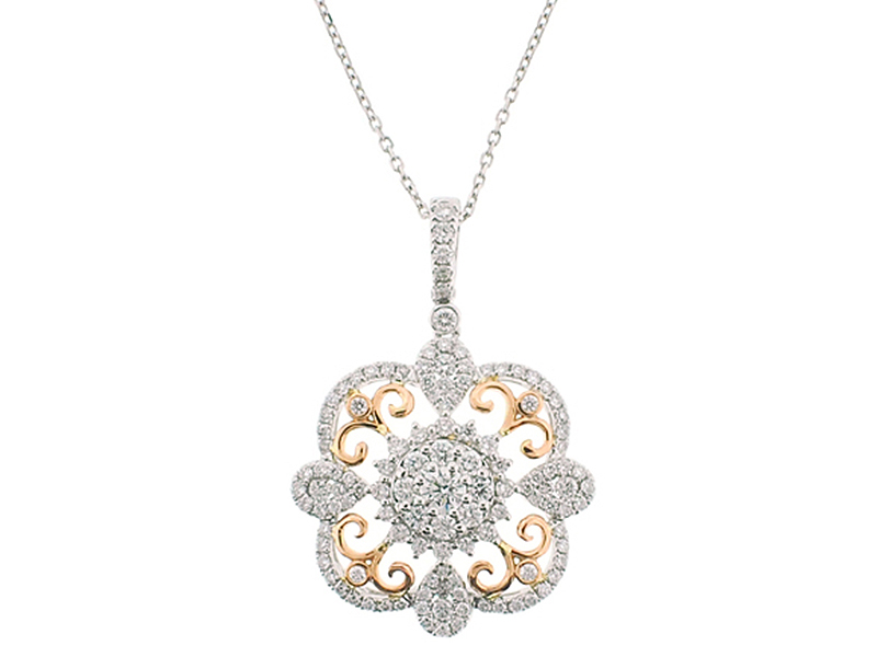 Two Tone Pendant with Prong Set Diamonds in 18k White Gold and Bezel Set Diamonds in 18k Rose Gold Filigree Design