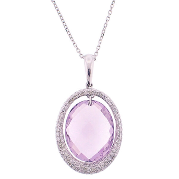 Amethyst Oval Pendant with Single Halo of Pavé Set Diamonds in 18K White Gold