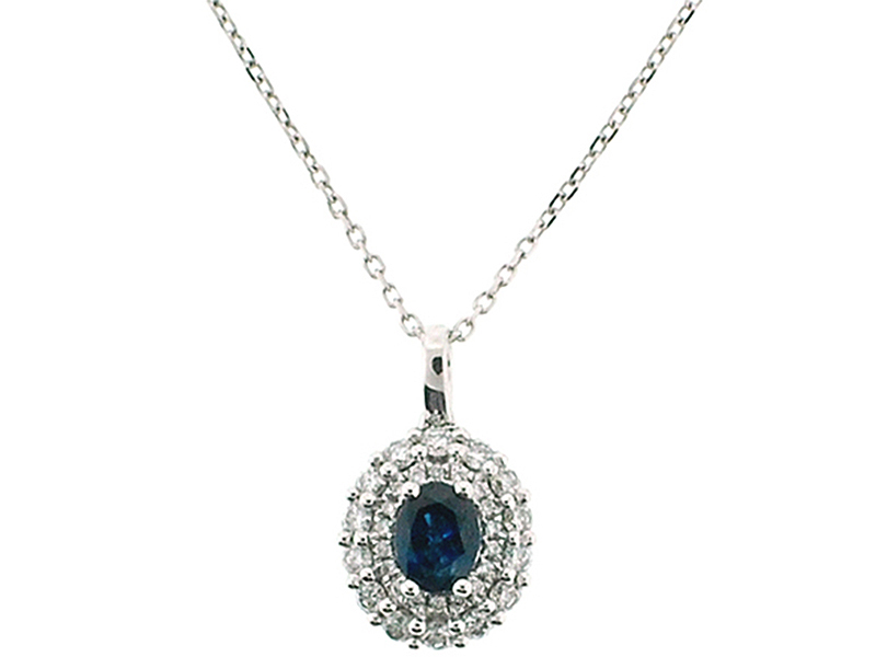 Double Halo Style Solitaire Sapphire Pendant with Diamonds Set in 18K White Gold