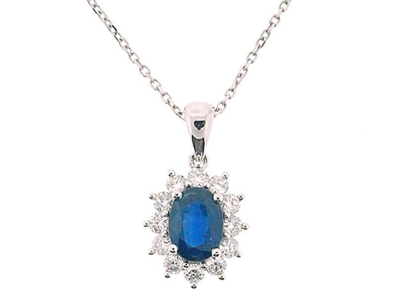 Solitaire Sapphire Oval Pendant Surrounded with Diamonds Set in 18K White Gold