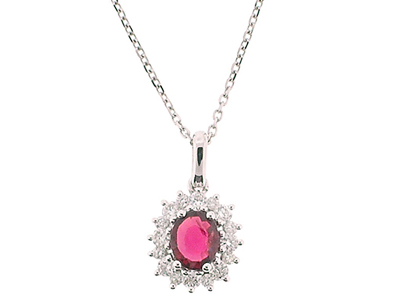 Solitaire Prong Set Ruby and Diamond Pendant Set in 18K White Gold